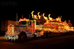 Tractor Trailer Truck Decorated With Christmas Lights Santa Claus Reindeer And Sleigh